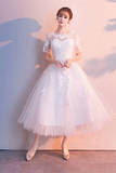 White Tulle Short Sleeves Tea Length Wedding Party Dress, Party Dress HZ0527