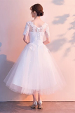 White Tulle Short Sleeves Tea Length Wedding Party Dress, Party Dress HZ0527