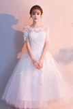White Tulle Short Sleeves Tea Length Wedding Party Dress, Party Dress HZ0527