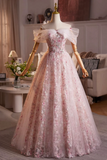 Beautiful Pink Beading Appliques Prom Dress, A Line Off the Shoulder Evening Dress HZ0527