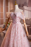 Beautiful Pink Beading Appliques Prom Dress, A Line Off the Shoulder Evening Dress HZ0527