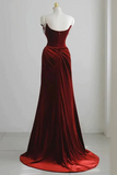 Wine Red Velvet Mermaid Straps Long Formal Dress, Floor Off Shoulder Prom Dress HZ0527