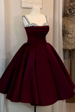 Wine Red Satin Beaded Straps Knee Length Party Dress, Homecoming Dress HZ0527