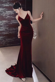 Wine Red Velvet Mermaid Backless Long Evening Dress, Prom Party Dress HZ0527