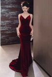 Wine Red Velvet Mermaid Backless Long Evening Dress, Prom Party Dress HZ0527