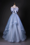 A Line Tulle Floor Length Prom Dress, Blue Off the Shoulder Party Dress HZ0527