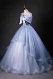 A Line Tulle Floor Length Prom Dress, Blue Off the Shoulder Party Dress HZ0527
