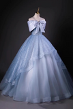 A Line Tulle Floor Length Prom Dress, Blue Off the Shoulder Party Dress HZ0527