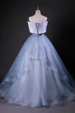 A Line Tulle Floor Length Prom Dress, Blue Off the Shoulder Party Dress HZ0527