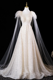 Champagne Tulle Sequins Long Prom Dress, Shiny A Line Evening Formal Dress HZ0527