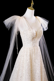 Champagne Tulle Sequins Long Prom Dress, Shiny A Line Evening Formal Dress HZ0527
