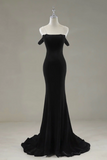 Mermaid Off Shoulder Velvet Sweep Train Black Prom Dress with Beads HZ0527