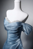 A Line Sweetheart Neck Organza Floor Length Blue Prom Dress with Beads HZ0527