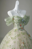 A Line Sweetheart Neck Tulle Lace Sequin Green Long Prom Dress HZ0527