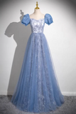 Elegant Blue Embroidery Prom Gown Floor Length Tulle Formal Dress HZ0527