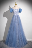 Elegant Blue Embroidery Prom Gown Floor Length Tulle Formal Dress HZ0527
