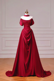 Burgundy Satin Off Shoulder Prom Dress with Draped Bodice and Train HZ0527