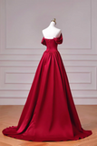 Burgundy Satin Off Shoulder Prom Dress with Draped Bodice and Train HZ0527