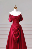 Burgundy Satin Off Shoulder Prom Dress with Draped Bodice and Train HZ0527