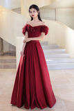 A Line Off Shoulder Satin Tulle Burgundy Long Prom Dress HZ0527