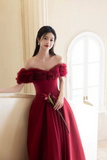 A Line Off Shoulder Satin Tulle Burgundy Long Prom Dress HZ0527