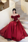 A Line Off Shoulder Satin Tulle Burgundy Long Prom Dress HZ0527