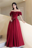 A Line Off Shoulder Satin Tulle Burgundy Long Prom Dress HZ0527