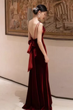 Wine Red Velvet Straps Low Back Long Wedding Party Dress, Prom Formal Dress HZ0527