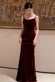 Wine Red Velvet Straps Low Back Long Wedding Party Dress, Prom Formal Dress HZ0527