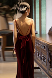 Wine Red Velvet Straps Low Back Long Wedding Party Dress, Prom Formal Dress HZ0527
