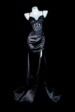 Sexy Spaghetti Strap Ruched Formal Prom Dress, Black Satin Evening Gown with High Slit HZ0527