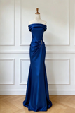 Blue Satin Mermaid Scoop Long Formal Dress, Beaded Evening Prom Dress HZ0527