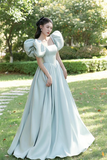Light Green Satin Long A Line Princess Dress, Cute Short Puff Sleeves Evening Party Dress HZ0527