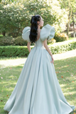 Light Green Satin Long A Line Princess Dress, Cute Short Puff Sleeves Evening Party Dress HZ0527