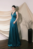Elegant V Neck Satin Long Prom Dress, Blue A Line Evening Party Dress HZ0527