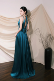 Elegant V Neck Satin Long Prom Dress, Blue A Line Evening Party Dress HZ0527