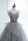 Gray Strapless Tulle Lace Long Prom Dress, A Line Evening Party Dress HZ0527