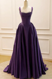 Purple Satin Beaded A Line Straps Sweetheart Prom Dress, Low Back Formal Dress HZ0527