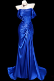 Mermaid Off Shoulder Sweep Train Satin Blue Prom Dress HZ0527