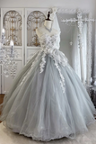 A Line Sweetheart Tulle Lace Floor Length Gray Prom Dress HZ0527