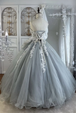 A Line Sweetheart Tulle Lace Floor Length Gray Prom Dress HZ0527