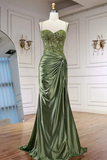 Mermaid Sweetheart Neck Satin Green Long Prom Dress with Lace Applique HZ0527