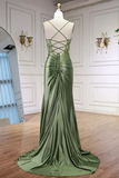 Mermaid Sweetheart Neck Satin Green Long Prom Dress with Lace Applique HZ0527
