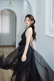 A Line V Neck Tulle Floor Length Black Prom Dress, Black Party Dress HZ0527
