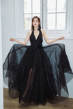 A Line V Neck Tulle Floor Length Black Prom Dress, Black Party Dress HZ0527