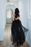 A Line V Neck Tulle Floor Length Black Prom Dress, Black Party Dress HZ0527