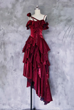 A Line Off Shoulder Silk Ruffles Burgundy Prom Dress, Burgundy Party Dress HZ0527