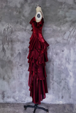 A Line Off Shoulder Silk Ruffles Burgundy Prom Dress, Burgundy Party Dress HZ0527