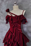 A Line Off Shoulder Silk Ruffles Burgundy Prom Dress, Burgundy Party Dress HZ0527