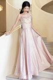 Pink Shiny Satin Spaghetti Strap A Line Long Prom Evening Gown HZ0527